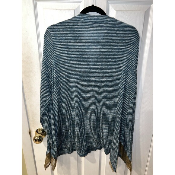 LOGO Lori Goldstein Sweater L Button Front Cardigan Green Striped Hi-Low Knit - Picture 7 of 8